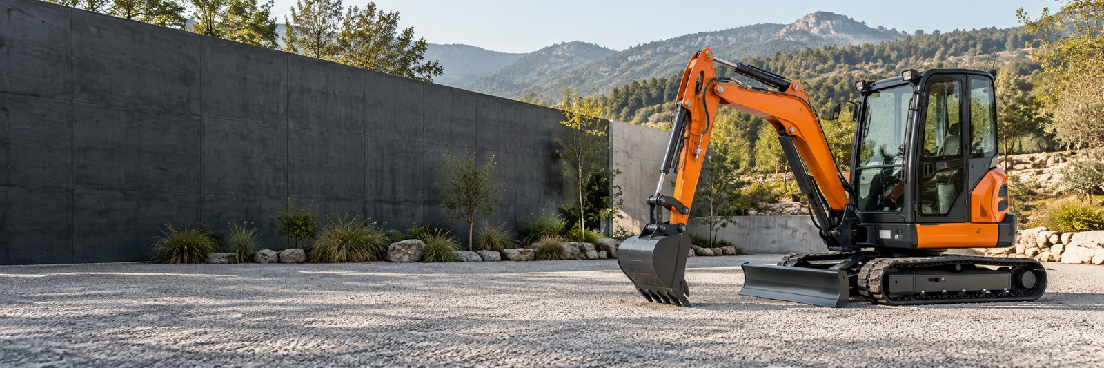 Illustrative enclosed-cab excavator in a landscaped setting