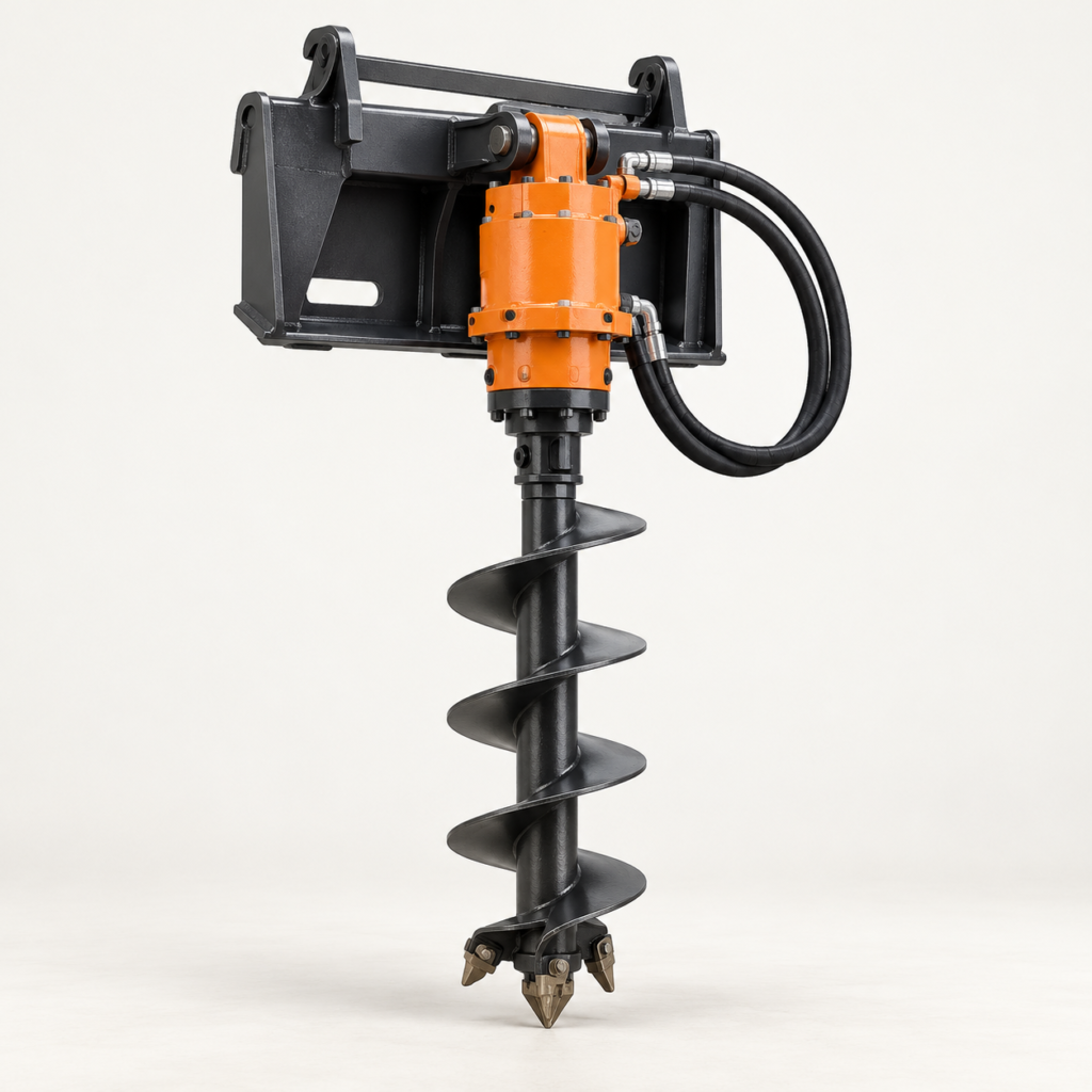 AI-generated illustration of hydraulic earth auger — sample concept, not actual inventory