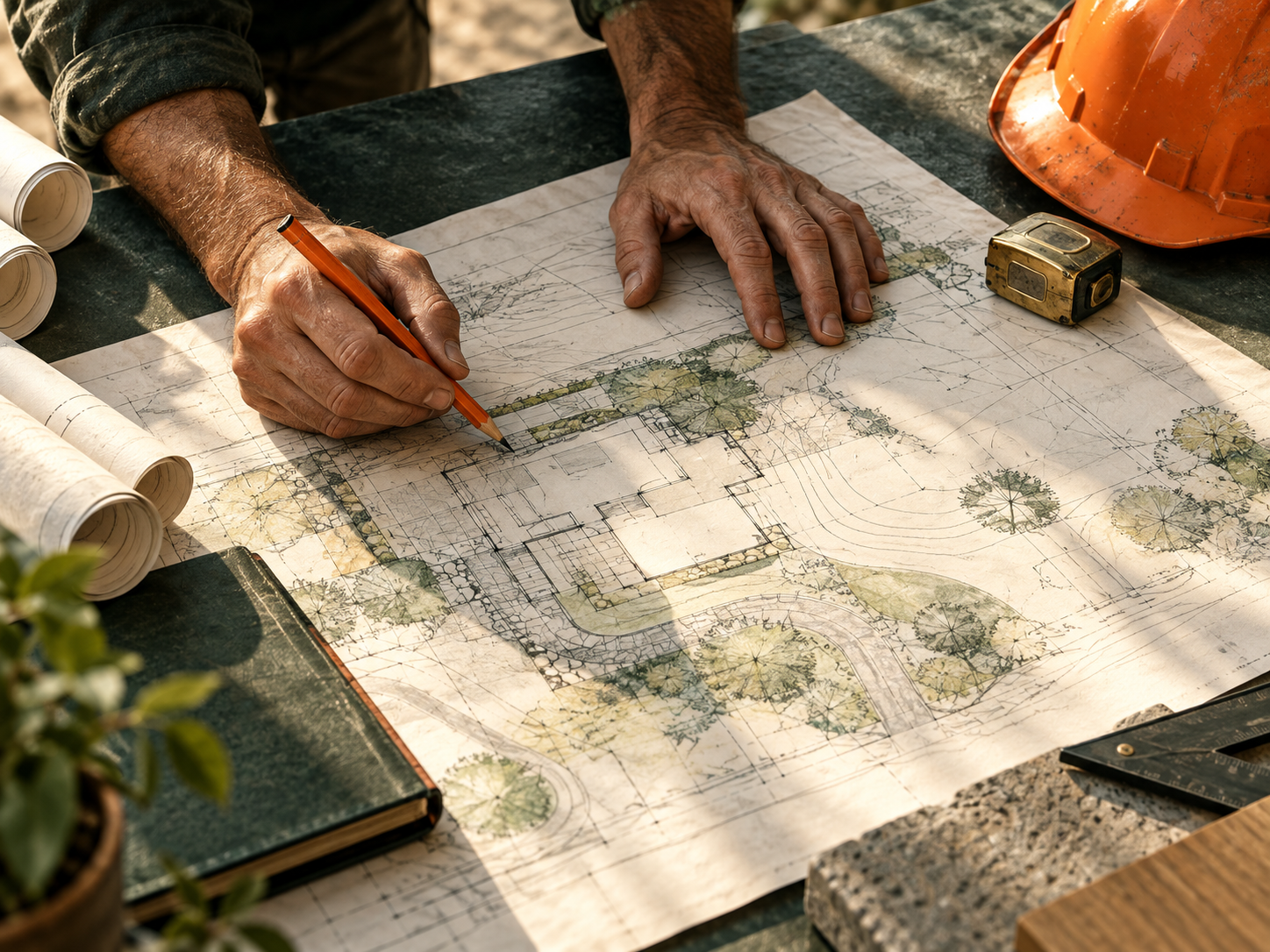Hands reviewing a site plan with an orange pencil and a hard hat