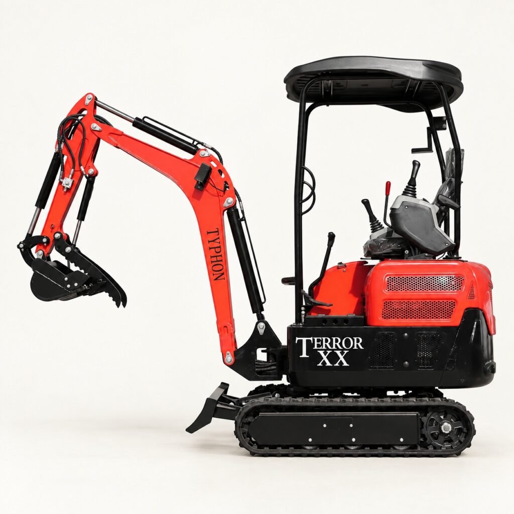 D902 red open-canopy diesel mini excavator on a warm studio background