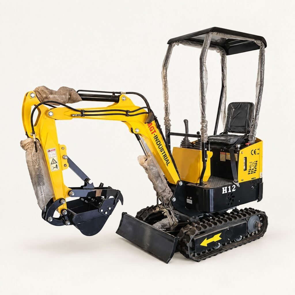 AGT-H12 yellow mini excavator with open canopy on a warm studio background
