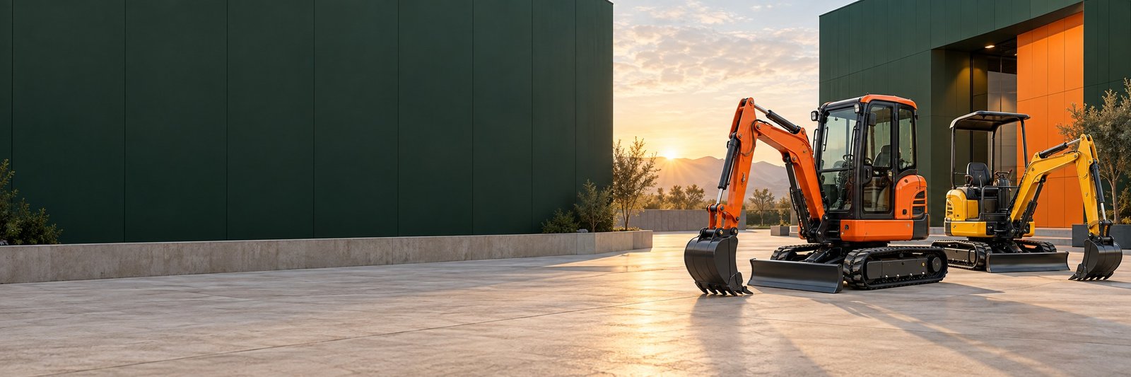 Compact excavators in an equipment yard at sunrise